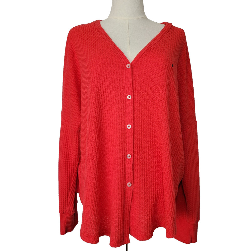 Tommy Hilfiger Waffle Thermal Oversized Top Sz L Coral Loungewear Preppy Casual